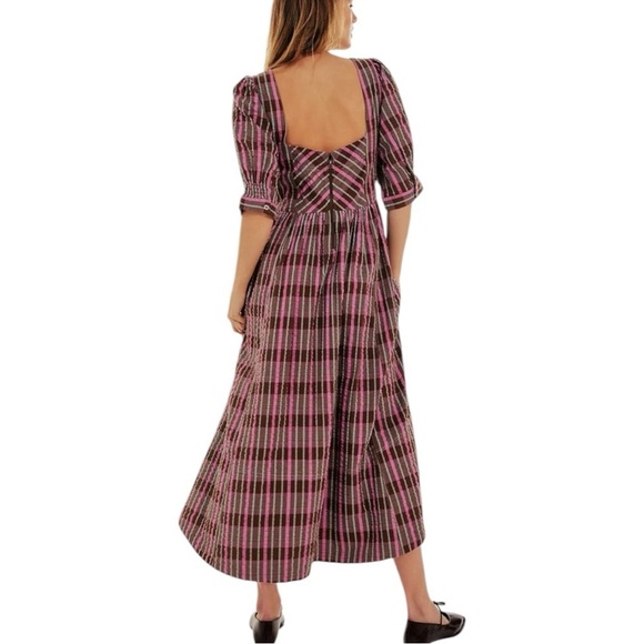 Free People Tulie Plaid Midi Milkmade Dress Brown Pink with pockets Size XS - Picture 2 of 16